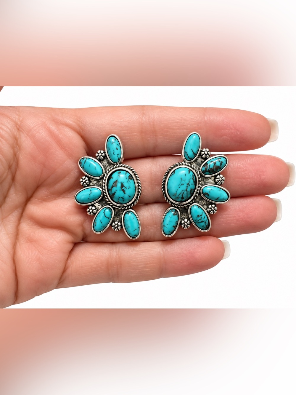 Turquoise Stone Floral Cluster Earrings